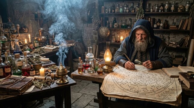 Wizard merlin studying a celestial star map in a smoky laboratory