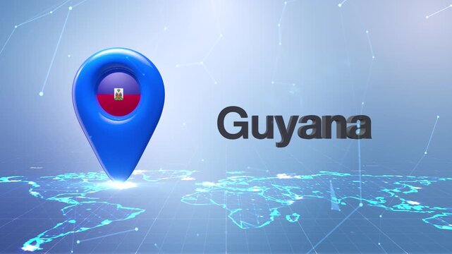 Guyana Flag Inside Location Pin On Digital World Map Animation