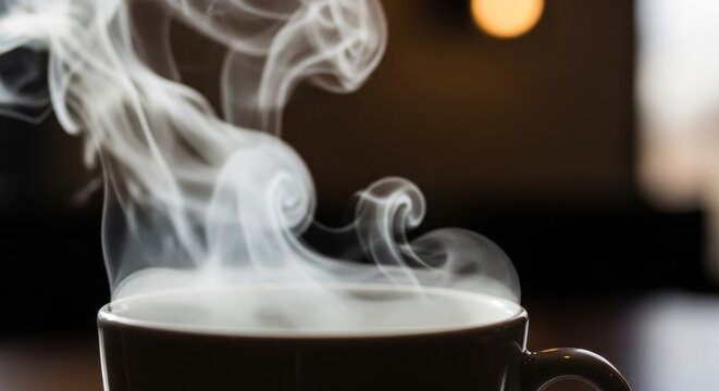 Steaming Coffee Cup with Swirling Vapor in a Cozy Atmosphere.