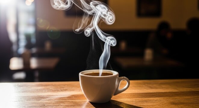 Steaming Cup of Coffee on a Wooden Table in a Cafe Setting.