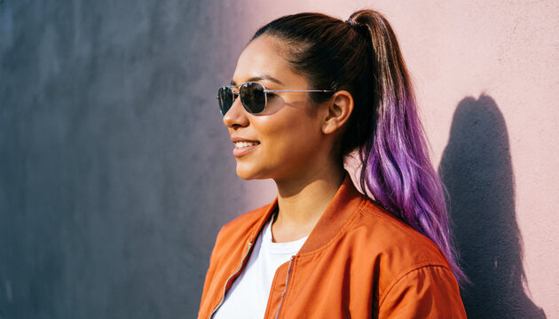 Smiling young woman side profile with purple ponytail hair and sunglasses looking away