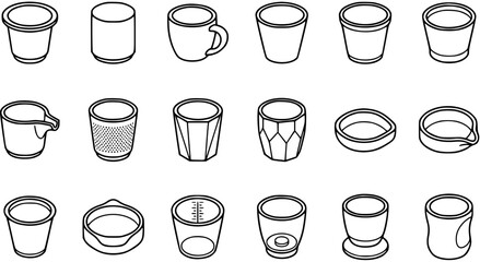 Obraz premium Food and Drink Industry Isometric Black and White Line Art Icons Set of Various Cups, Glasses, Mugs, and Drinkware Containers
