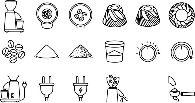 Black and White Line Art Icons of Coffee Grinder, Beans, and Espresso Machine Parts
