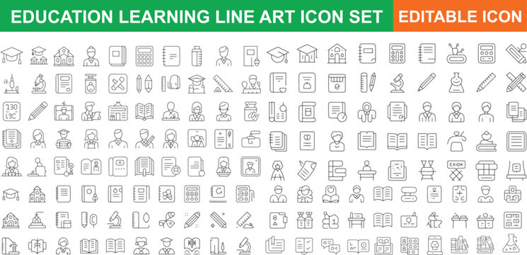 Education learning line art icon set on white background isolated on transparent background