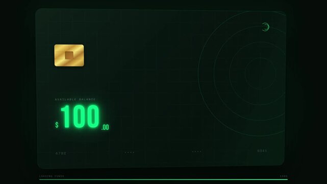 Futuristic credit card interface animation with a glowing green neon counter showing the available balance increasing from zero to one hundred dollars