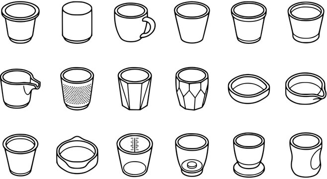 Food and Drink Industry Isometric Black and White Line Art Icons Set of Various Cups, Glasses, Mugs, and Drinkware Containers