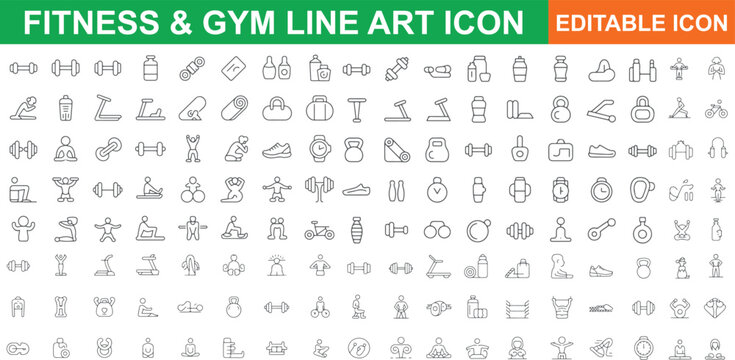 Fitness gym line art icons set isolated on transparent background