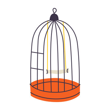 Classic dome bird cage with wooden perch and swing, flat cartoon pet housing for parrots and budgies. Wire cage with hanging hook, home bird keeping and aviary equipment vector illustration