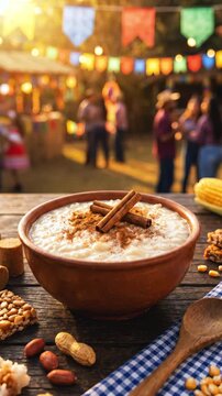 Traditional Brazilian arroz doce with cinnamon served on a rustic Festa Junina table with warm festive atmosphere and authentic S&atilde;o Jo&atilde;o celebration