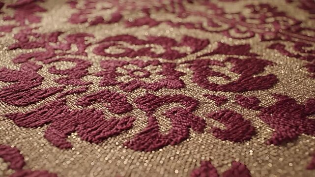 Closeup of luxurious damask fabric with intricate floral patterns in deep red and gold.
