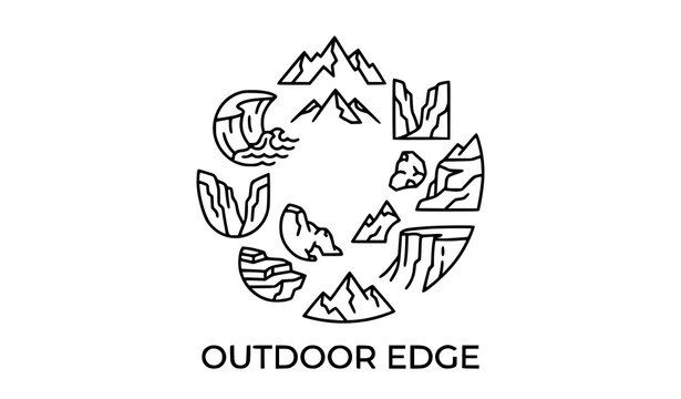 Rocky mountain cliffs and coastal landscape outline icons vector pack