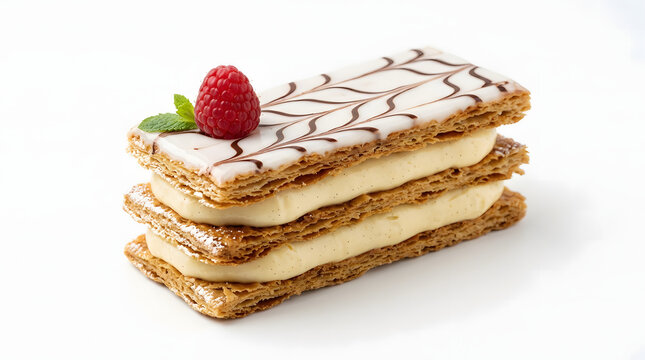 Classic French mille-feuille pastry with cream layers and chocolate drizzle topped with a fresh raspberry.