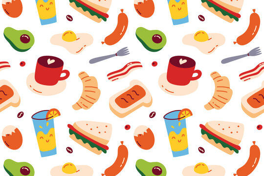 Colorful breakfast seamless pattern, flat cartoon avocado, fried egg, sausage, sandwich, latte cup, croissant, toast, orange juice, bacon, boiled egg. Morning meal and brunch food vector illustration