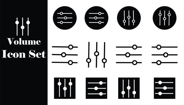 Volume control sliders and equalizer line icon set vector black silhouette flat design isolated on white background shapes