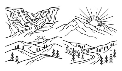 Fototapeta premium Minimal mountain valley and outdoor nature landscape line icon collection