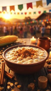 Creamy Brazilian canjica dessert served on a rustic Festa Junina table with warm festive atmosphere, traditional decorations and authentic S&atilde;o Jo&atilde;o celebration