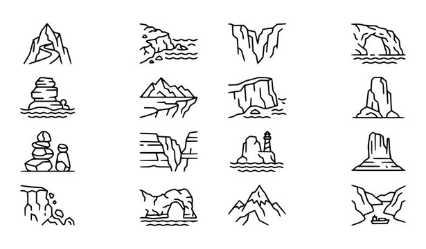 Mountain cliff and coastal edge outline icons isolated nature vector set