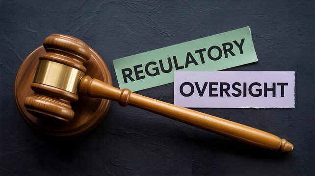 Judge gavel on sound block with regulatory oversight notes on dark background symbolizing legal judgment and compliance