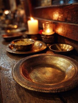 Candlelit dining experience featuring Nepalese dal bhat on brass plates in a rustic mountain lodge.