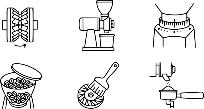 Coffee Grinder and Preparation Line Art Icons Set. Coffee Beans, Burrs, and Grinding Process Outline Glyphs for Cafe Equipment