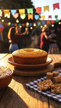 Traditional Brazilian corn cake served on a rustic Festa Junina table with festive decorations, warm countryside atmosphere and authentic S&atilde;o Jo&atilde;o celebration