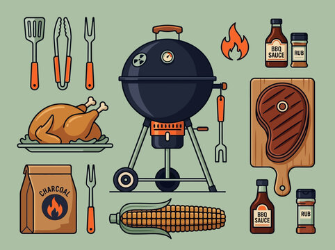Barbecue BBQ Grill Vector Illustration Set with Meat, Tools, Charcoal, and Seasonings for Summer Cookouts