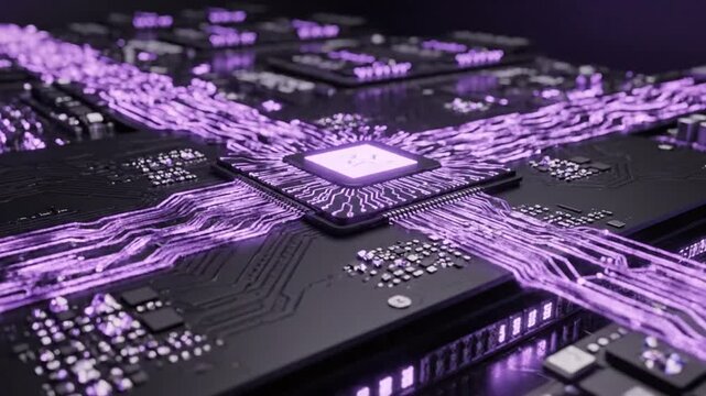 Computer processor chip glows with intricate purple circuitry pathways across a dark motherboard background.