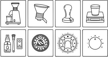 Black and White Line Art Coffee and Barista Equipment Icons. Depicting Grinder, Tamper, Scale, Burrs, Dials, and Cleaning Tools for Espresso Preparation.