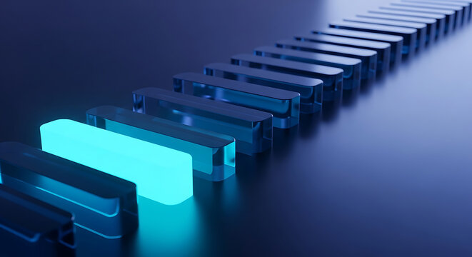 Row of glowing digital domino blocks in a conceptual setup with technology abstract reaction business innovation strategy development performance progression sequence automation efficiency
