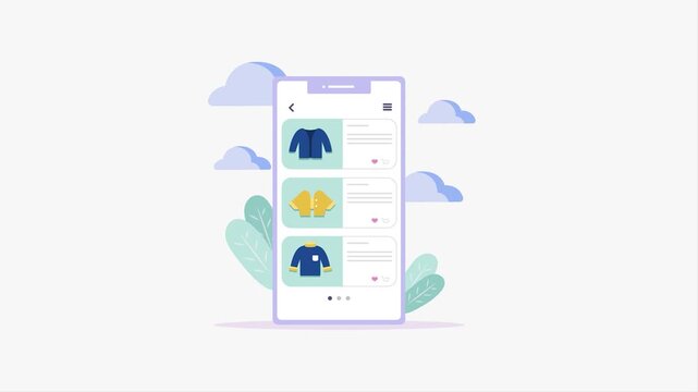 Animated smartphone screen displaying fashion items with interactive elements and delicate cloud background, perfect for e-commerce app development showcasing clothing collections and online shopping.