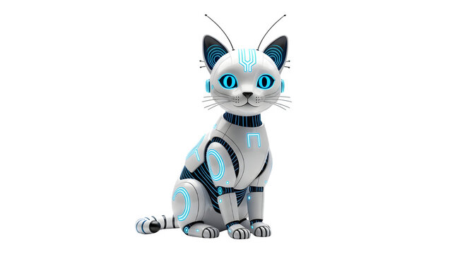 Robotic cat with glowing blue accents futuristic design isolated on transparent background for digital composites