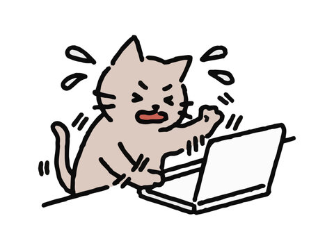 焦ってパソコン作業する猫キャラクター　シンプルオフィス猫シリーズ　ビジネス　会社員　お仕事