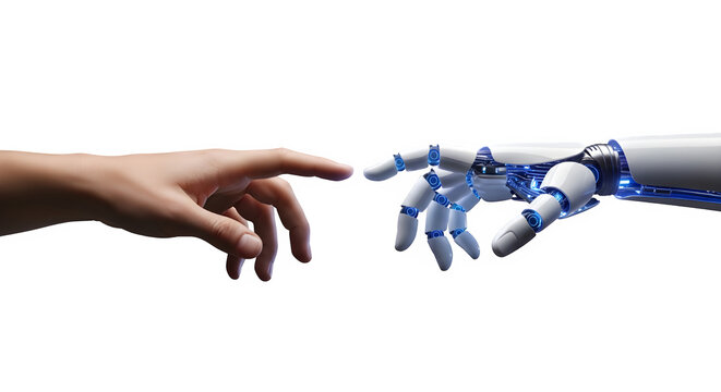 Human and robotic hands reaching towards each other concept of artificial intelligence isolated on transparent background