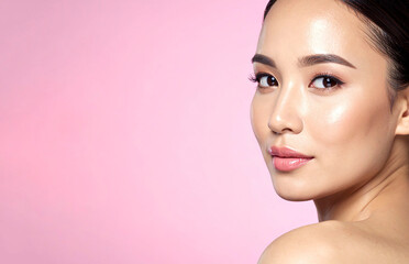 Fototapeta premium Portrait of a confident woman with natural makeup, flawless complexion and soft pink copy space.