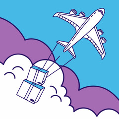 Naklejka premium Cargo Plane Dropping Package Delivery Boxes in Blue Sky With Clouds