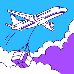 Naklejka premium Cargo Airplane Carrying Large Shipping Package in Blue Sky Above Clouds
