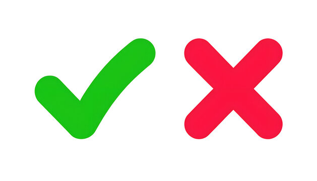 Green check mark and red cross mark isolated PNG, right and wrong choice symbols on white background, approval and rejection icons

