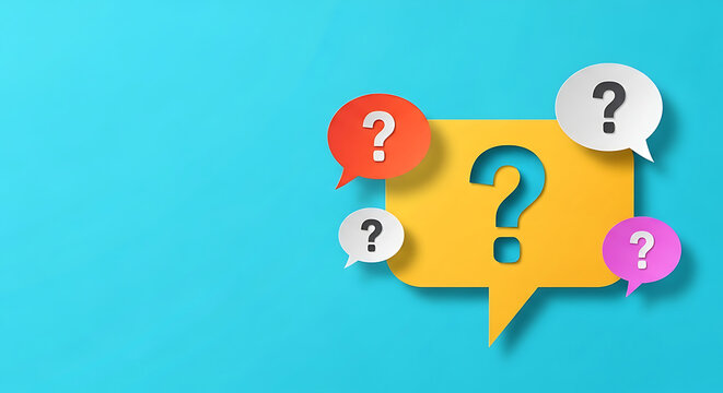 3D speech bubble icons with question marks representing confusion or inquiry question confusion communication thinking dialogue discussion abstract colorful