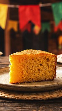 Traditional Brazilian corn cake served on a rustic Festa Junina table with festive decorations, warm countryside atmosphere and authentic S&atilde;o Jo&atilde;o celebration