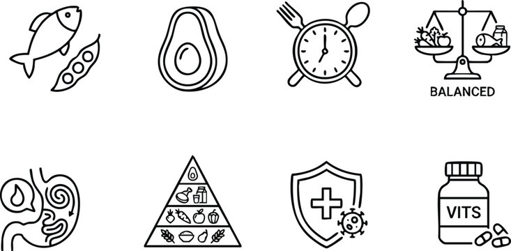 Healthy nutrition and diet line icons set, balanced food, meal timing clock, digestion, vitamins, immunity shield, and food pyramid vector illustration,