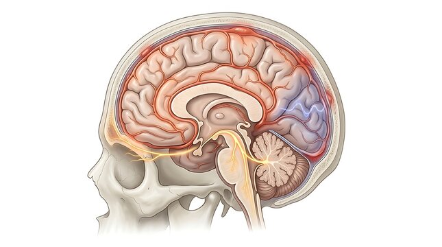 Cross section of the human brain and skull anatomy