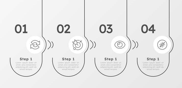 Change management timeline rounded structure infographic 4 steps. Business planning. Horizontal tiles sequence. Vector illustration template with thin line icons. Process flow with outline graphics