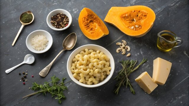 Autumn harvest pasta ingredients butternut squash cavatappi and seasonings