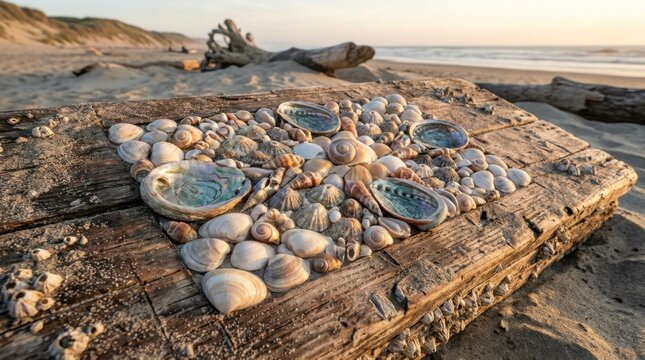 Intricate arrangement of various seashells and iridescent abalone shells laid out in a geometric pattern on a weathered driftwood plank on a sandy coastal beach during golden hour.