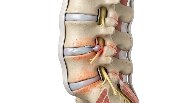Medical illustration of a herniated disc pressing on a nerve