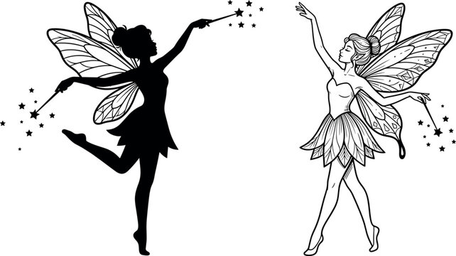 Beautiful fairy vector character set featuring magical flying pixie silhouette and line art outline on white background