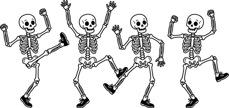 Cute cartoon dancing skeleton vector character set featuring funny spooky halloween bony figures isolated on white background