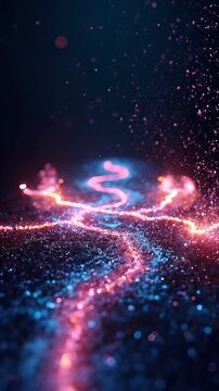 Abstract neon light particle wave over glitter background, energy divergence glow trail with sparkling particle path and cosmic neon beam swirl blue