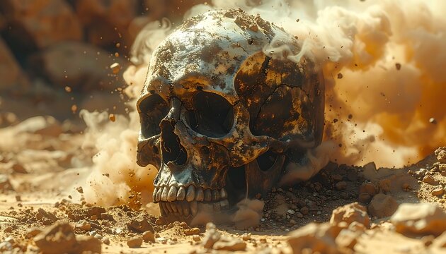 Human skull in dusty explosion debris.