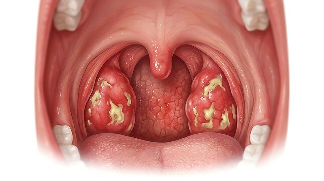 Close up medical illustration of inflamed tonsils with patches